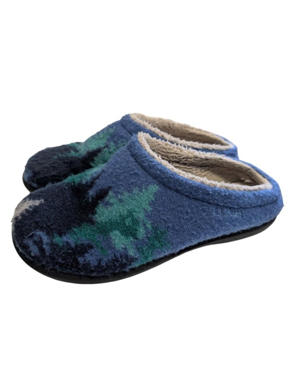 LL Bean Womens 9 Daybreak Scuff Slippers Blue Pine Tree Wool Felt Fleece Lined